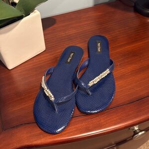WHBM blue, bejeweled flip-flop sandal. Size 9.